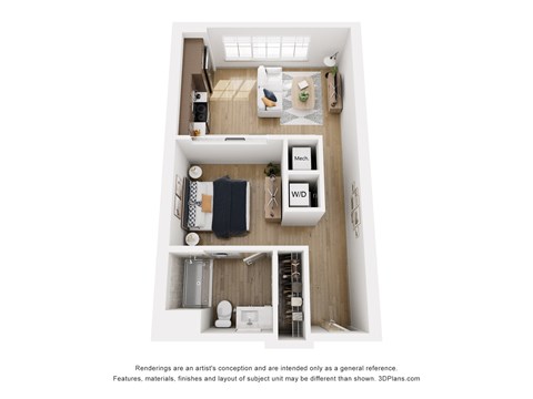 Floor plan for studio, 1 bath, 604 sqft